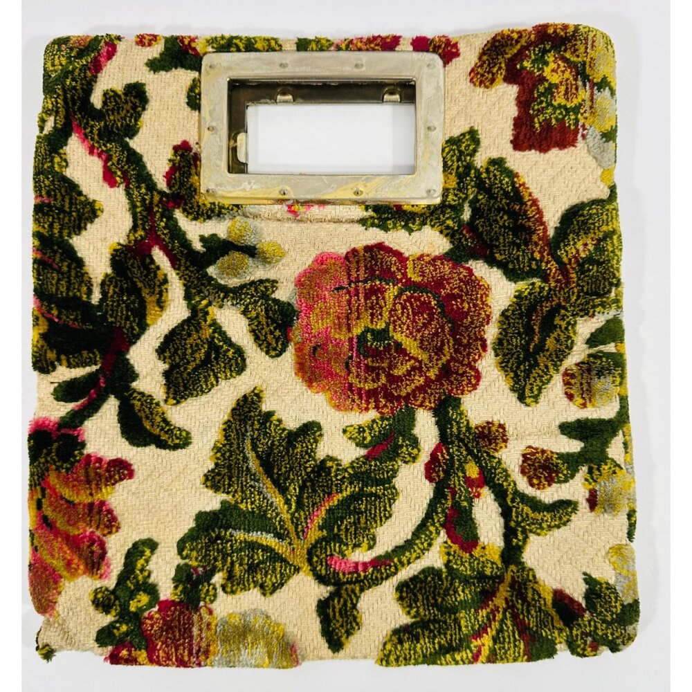 Vintage Carpet Bag Floral Rose Tapestry Handbag Purse Metal Handle 10” x 9.5”